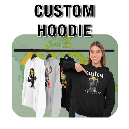 Smiling woman wearing a black hoodie with a cartoon character and the text 'CUSTOM DESIGN,' standing next to various hoodies with creative prints, showcasing personalized hoodie options. Made by Your iDeas Shop.
