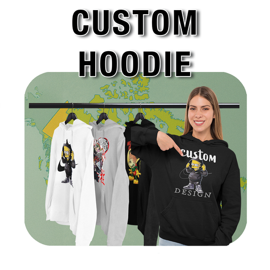Smiling woman wearing a black hoodie with a cartoon character and the text 'CUSTOM DESIGN,' standing next to various hoodies with creative prints, showcasing personalized hoodie options. Made by Your iDeas Shop.