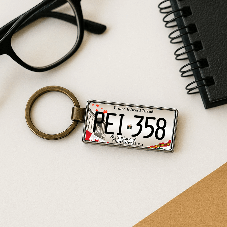 A Prince Edward Island license plate-themed keychain with the code 'PEI 358' and the phrase 'Birthplace of Confederation', displayed on a clean white desk alongside black-rimmed glasses and a spiral notebook. A patriotic and professional gift accessory with Canadian charm. Made by Your iDeas Shop.