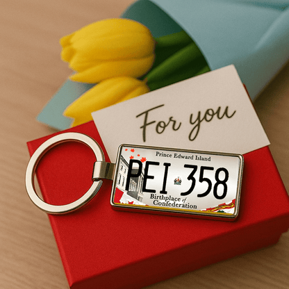 A Prince Edward Island license plate-style keychain featuring 'PEI 358' and the phrase 'Birthplace of Confederation', presented on a red gift box alongside a bouquet of yellow tulips and a card labeled 'For you'. A heartfelt and patriotic gift perfect for special occasions. Made by Your iDeas Shop