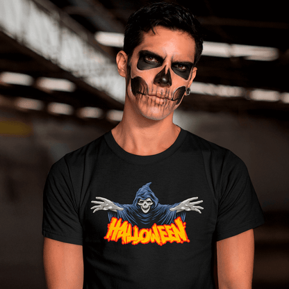 Halloween Death Reaper T-Shirt - Spooky Blue Hood Design