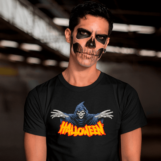 Halloween Death Reaper T-Shirt - Spooky Blue Hood Design