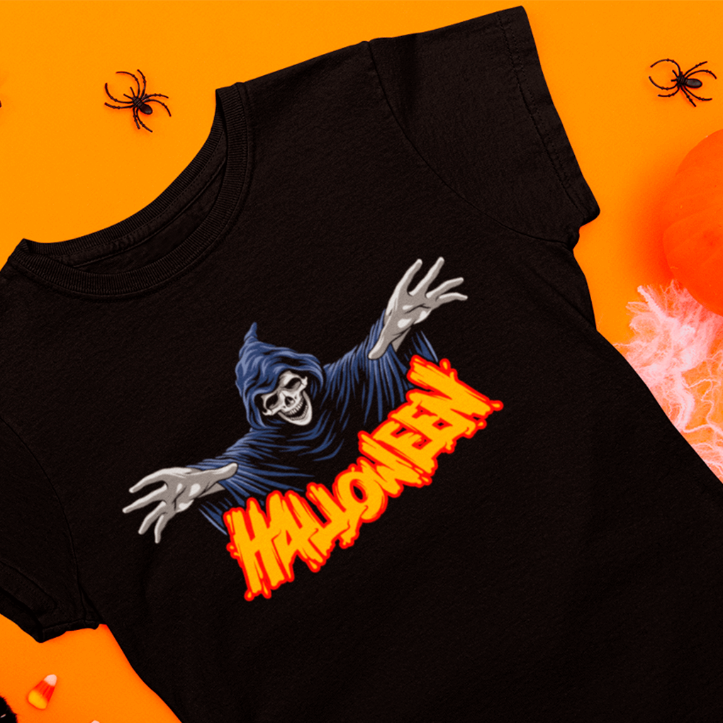 Black t-shirt with Halloween design featuring a ghost and 'Halloween' text on an orange background.