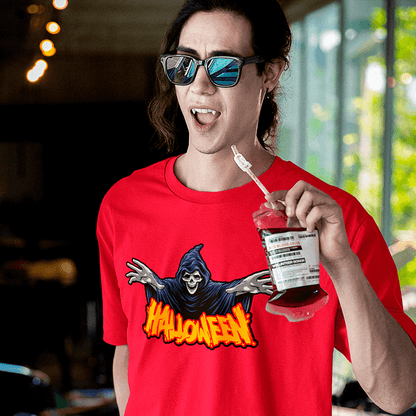 Person wearing a red 'Halloween' t-shirt holding a drink with a straw.