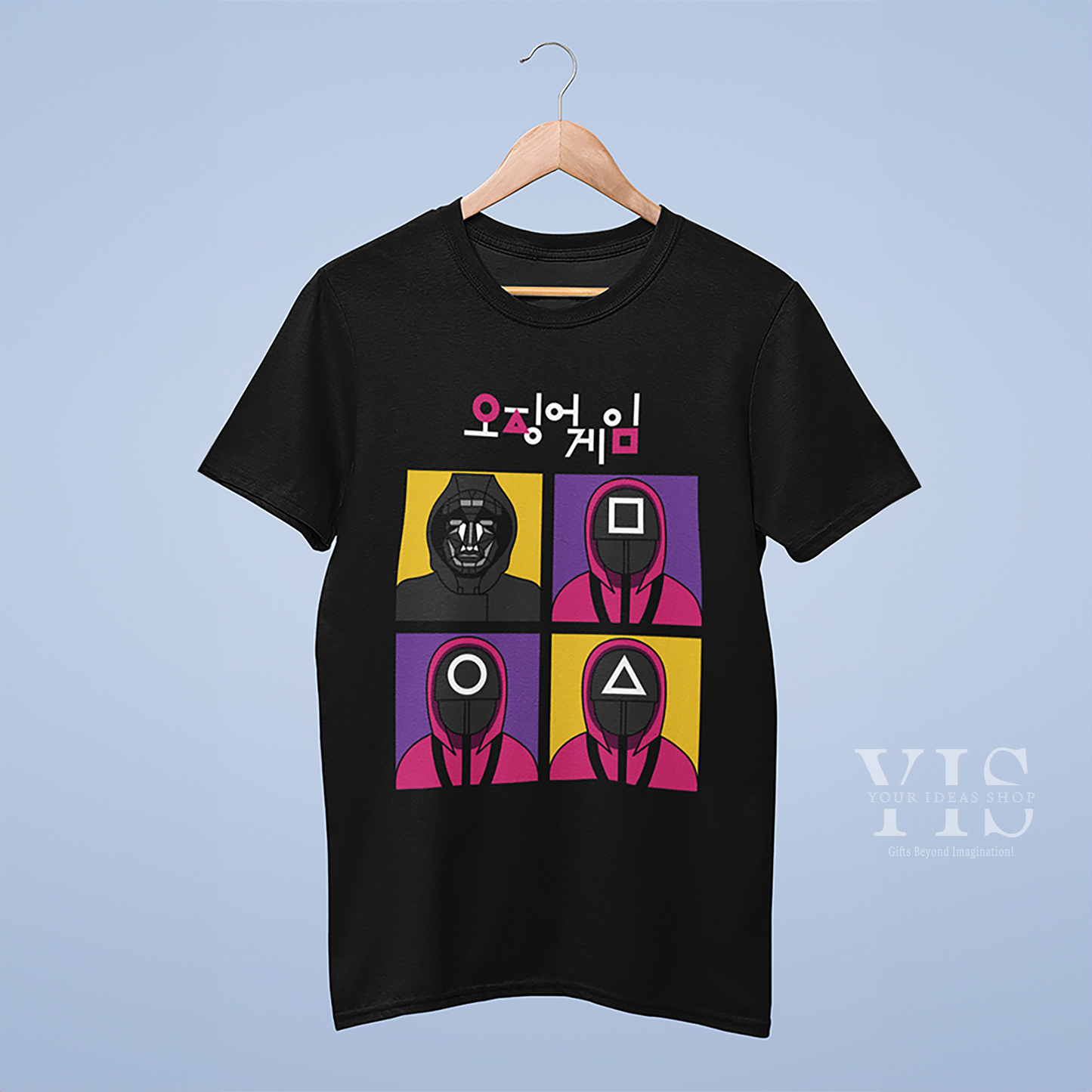 A sleek black T-shirt with a colorful four-panel graphic featuring guards in pink and a masked leader. The panels are set against vibrant purple and yellow blocks, highlighted by bold Korean text. Perfect for fans of trendy and unique designs. Made by Your iDeas Shop.