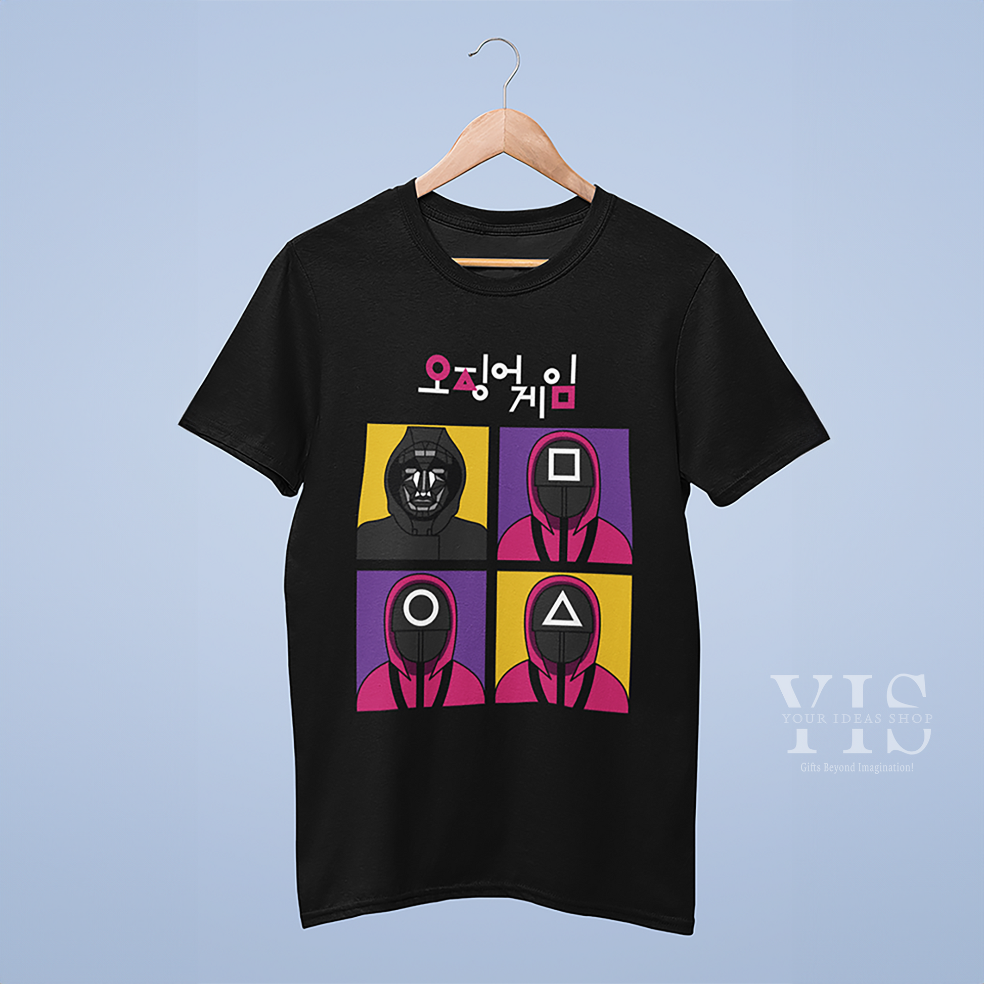 A sleek black T-shirt with a colorful four-panel graphic featuring guards in pink and a masked leader. The panels are set against vibrant purple and yellow blocks, highlighted by bold Korean text. Perfect for fans of trendy and unique designs. Made by Your iDeas Shop.