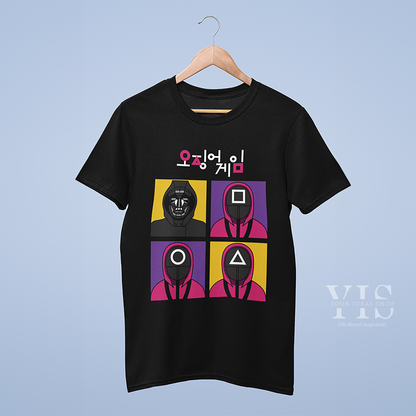 A sleek black T-shirt with a colorful four-panel graphic featuring guards in pink and a masked leader. The panels are set against vibrant purple and yellow blocks, highlighted by bold Korean text. Perfect for fans of trendy and unique designs. Made by Your iDeas Shop.