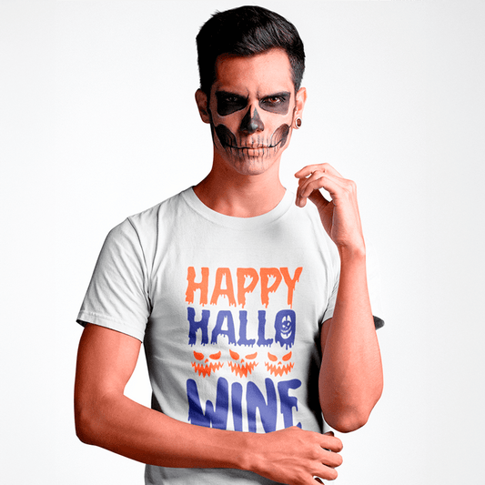 Person wearing a white t-shirt with 'Happy Hallo WINE' text and skeleton face makeup.