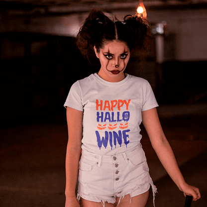 Person wearing a 'Happy HalloWINE' shirt in a dark setting