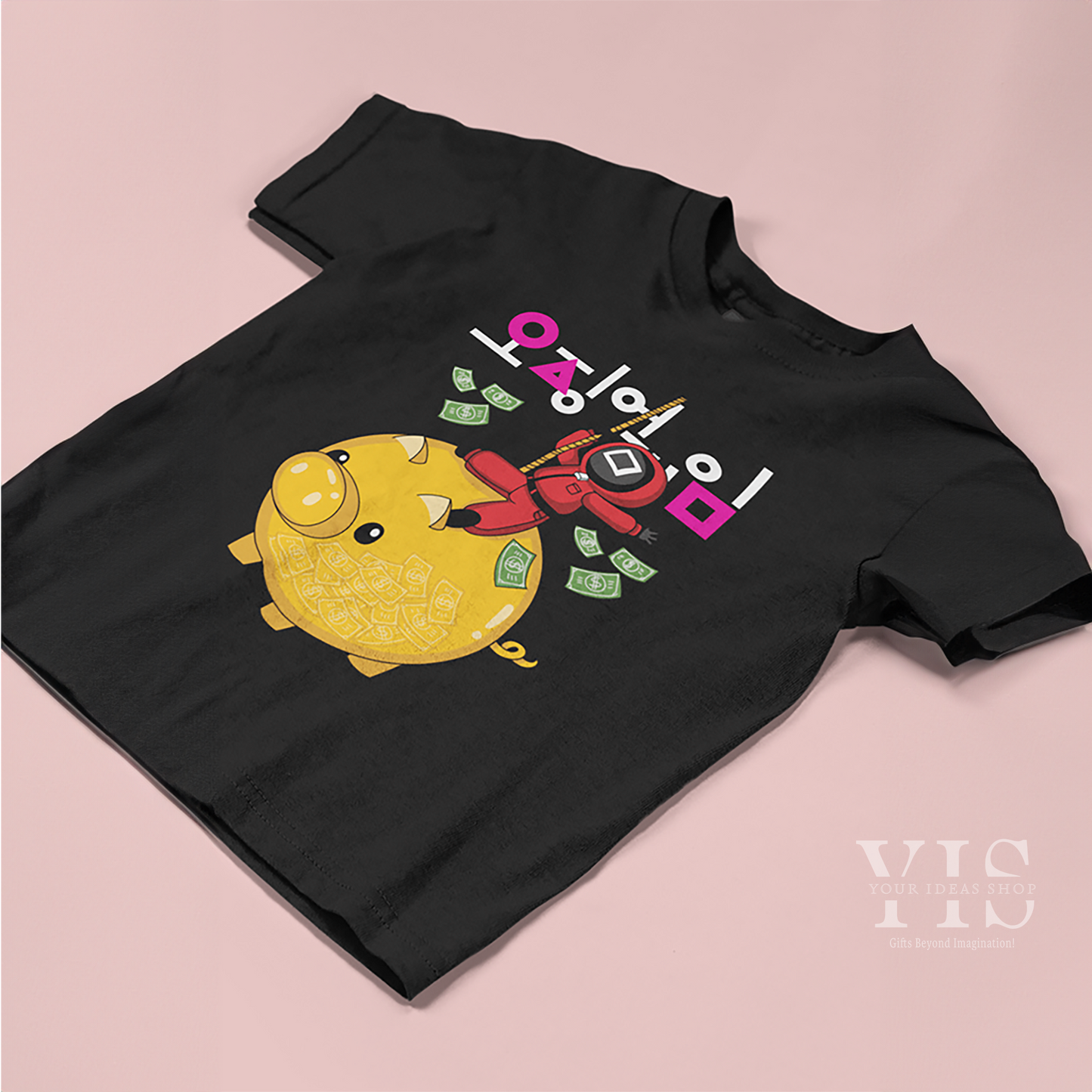 A fun black T-shirt for kids, featuring a lively design of a yellow piggy bank overflowing with cash. A red-suited cartoon figure climbs on top of the pig, creating a playful and dynamic image. An eye-catching choice for young fans of quirky designs. Made by Your iDeas Shop.