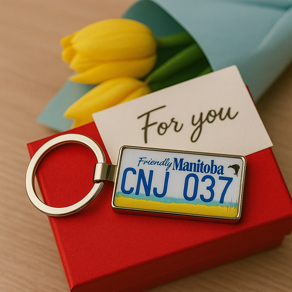 A Friendly Manitoba license plate keychain with CNJ 037 on a red gift box, paired with a 'For you' card and a bouquet of yellow tulips in blue wrapping. A heartfelt Canadian souvenir perfect for special moments. Made by Your iDeas Shop