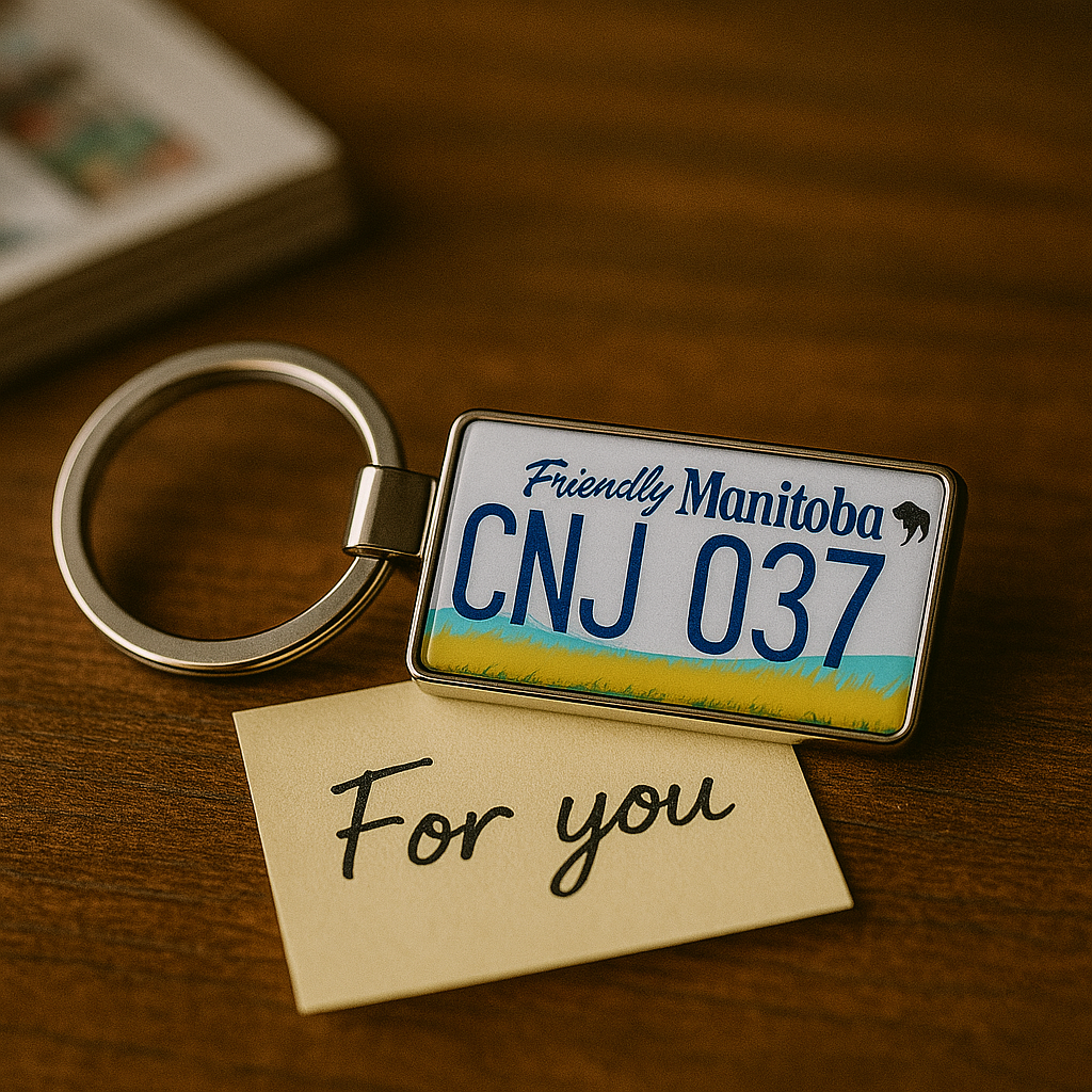 A Friendly Manitoba license plate keychain with CNJ 037 design placed on a red gift box alongside a 'For you' card and a bouquet of yellow tulips. A cheerful and thoughtful Canadian gift idea. Made by Your iDeas Shop.