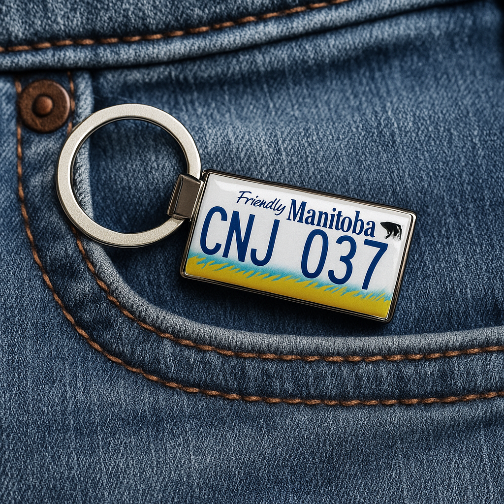 A Friendly Manitoba license plate keychain with CNJ 037 design resting on a blue denim jeans pocket. A trendy and casual souvenir accessory from Canada. Made by Your iDeas Shop.