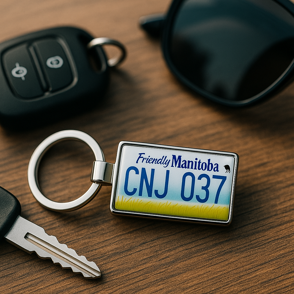 A Friendly Manitoba license plate keychain with CNJ 037 design on a wooden surface next to a car key, remote fob, and black sunglasses. A stylish and functional travel gift. Made by Your iDeas Shop.