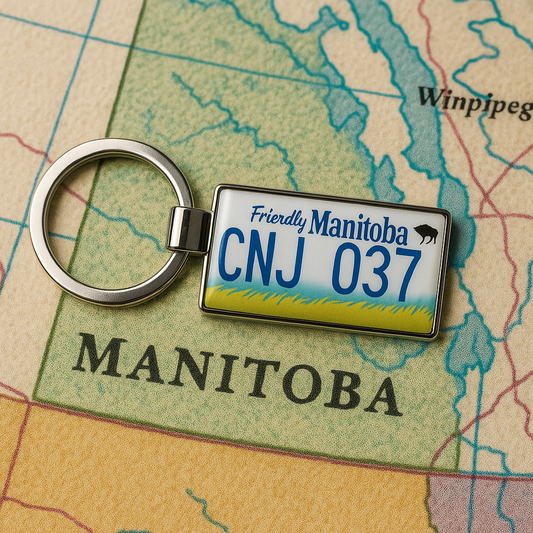 A Friendly Manitoba license plate keychain with CNJ 037 design placed on a vintage-style map of Manitoba, with Winnipeg marked nearby. A nostalgic and location-themed souvenir. Made by Your iDeas Shop
