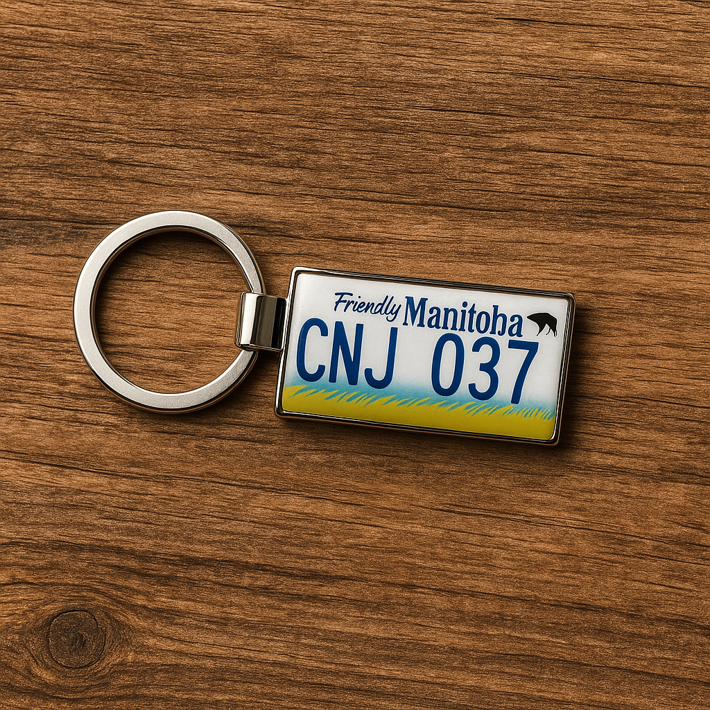A Friendly Manitoba license plate keychain with CNJ 037 design displayed on a smooth wooden surface. A simple and elegant Canadian souvenir gift. Made by Your iDeas Shop
