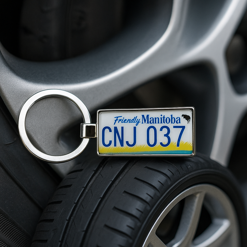 A Friendly Manitoba license plate keychain with CNJ 037 design leaning against a car wheel rim. A perfect travel accessory and gift for road trip enthusiasts. Made by Your iDeas Shop