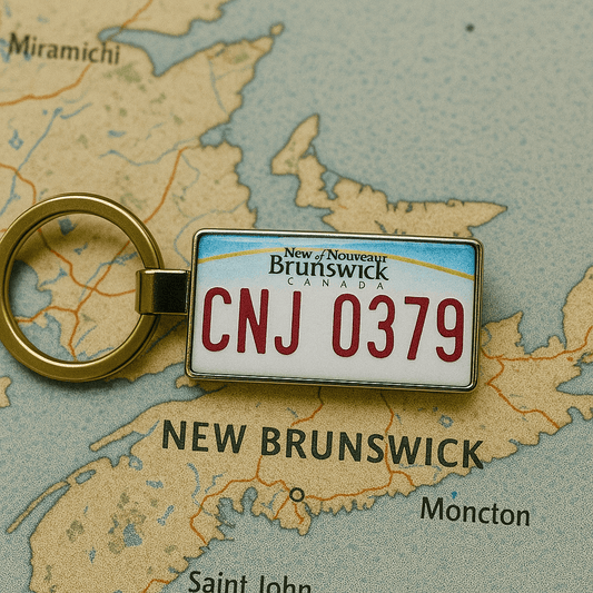A rectangular keychain styled like a New Brunswick, Canada license plate with the code 'CNJ 0379', placed on a map highlighting the province of New Brunswick, including cities like Miramichi and Moncton. A charming souvenir for travelers and collectors of regional keepsakes. Made by Your iDeas Shop.