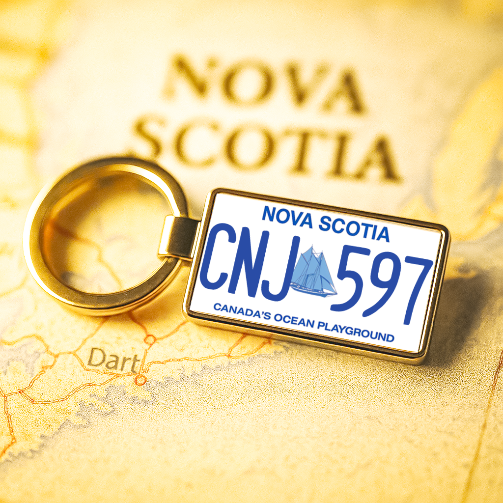 A Nova Scotia CNJ 597 license plate keychain placed on a vintage-style map highlighting Nova Scotia, perfect for those passionate about travel and Canadian provinces. Made by Your iDeas Shop.