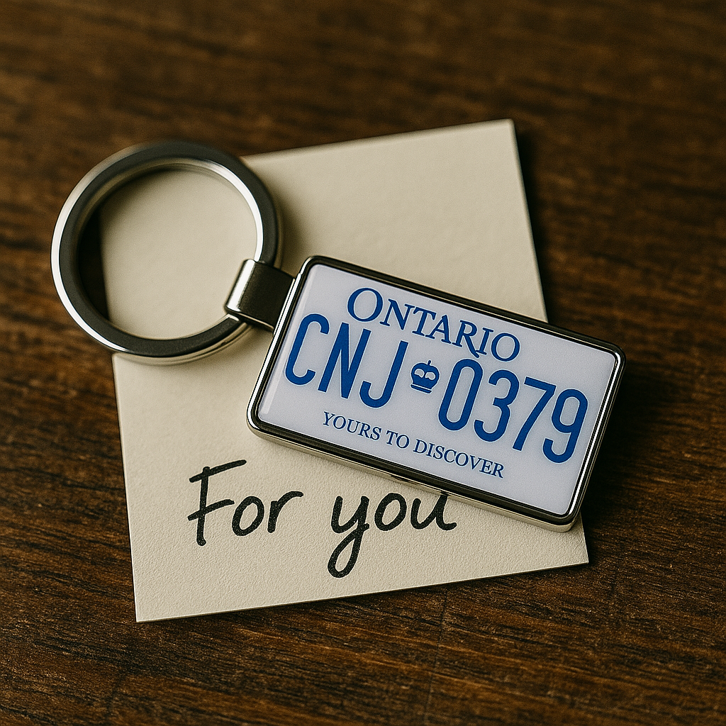 A rectangular Ontario license plate keychain with CNJ-0379 and the phrase 'Yours to Discover', placed on a handwritten card reading 'For you', on a wooden table. A thoughtful travel-themed gift. Made by Your iDeas Shop.