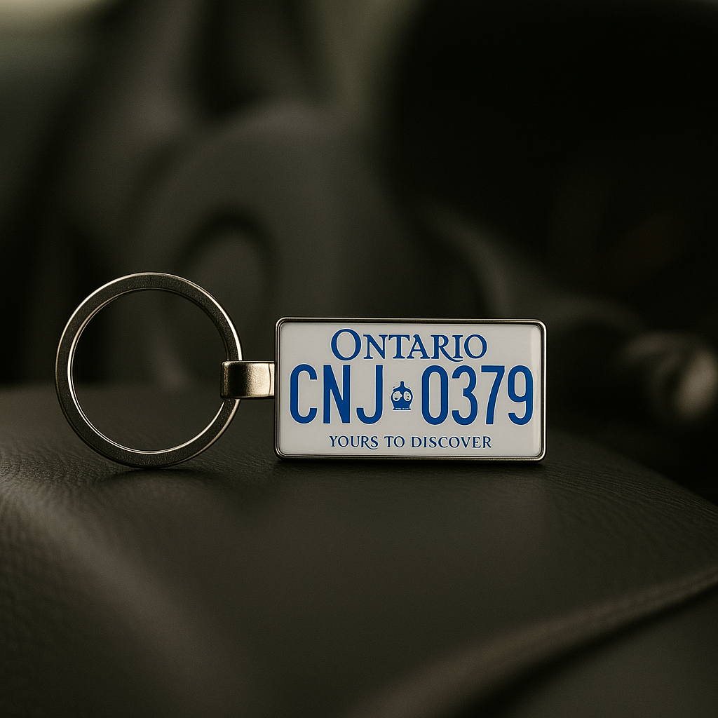 A sleek Ontario license plate keychain with CNJ-0379 and the phrase 'Yours to Discover', resting on a car seat with a dark leather texture. A stylish and functional gift for drivers and road trip fans. Made by Your iDeas Shop.