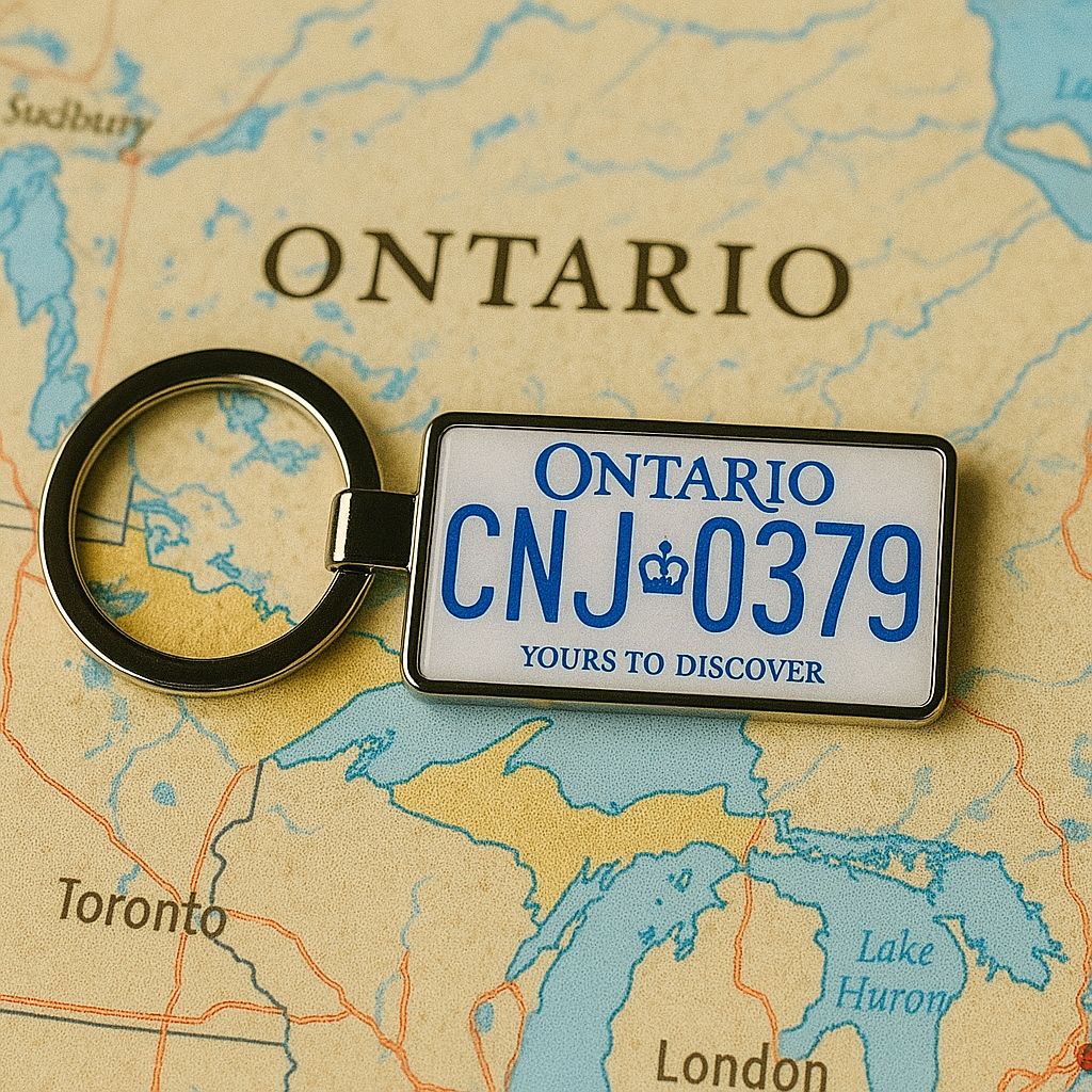 A keychain shaped like an Ontario license plate with the number CNJ-0379 and the slogan 'Yours to Discover', placed on a map highlighting the province and cities like Toronto. A meaningful Canadian travel keepsake. Made by Your iDeas Shop.