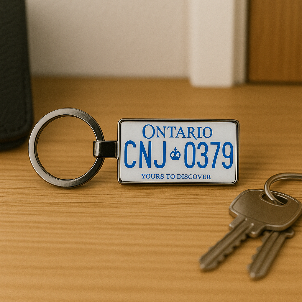 A rectangular Ontario license plate keychain with CNJ-0379 and the phrase 'Yours to Discover', placed on a wooden surface next to house keys and a leather wallet. A stylish and practical gift for everyday use. Made by Your iDeas Shop