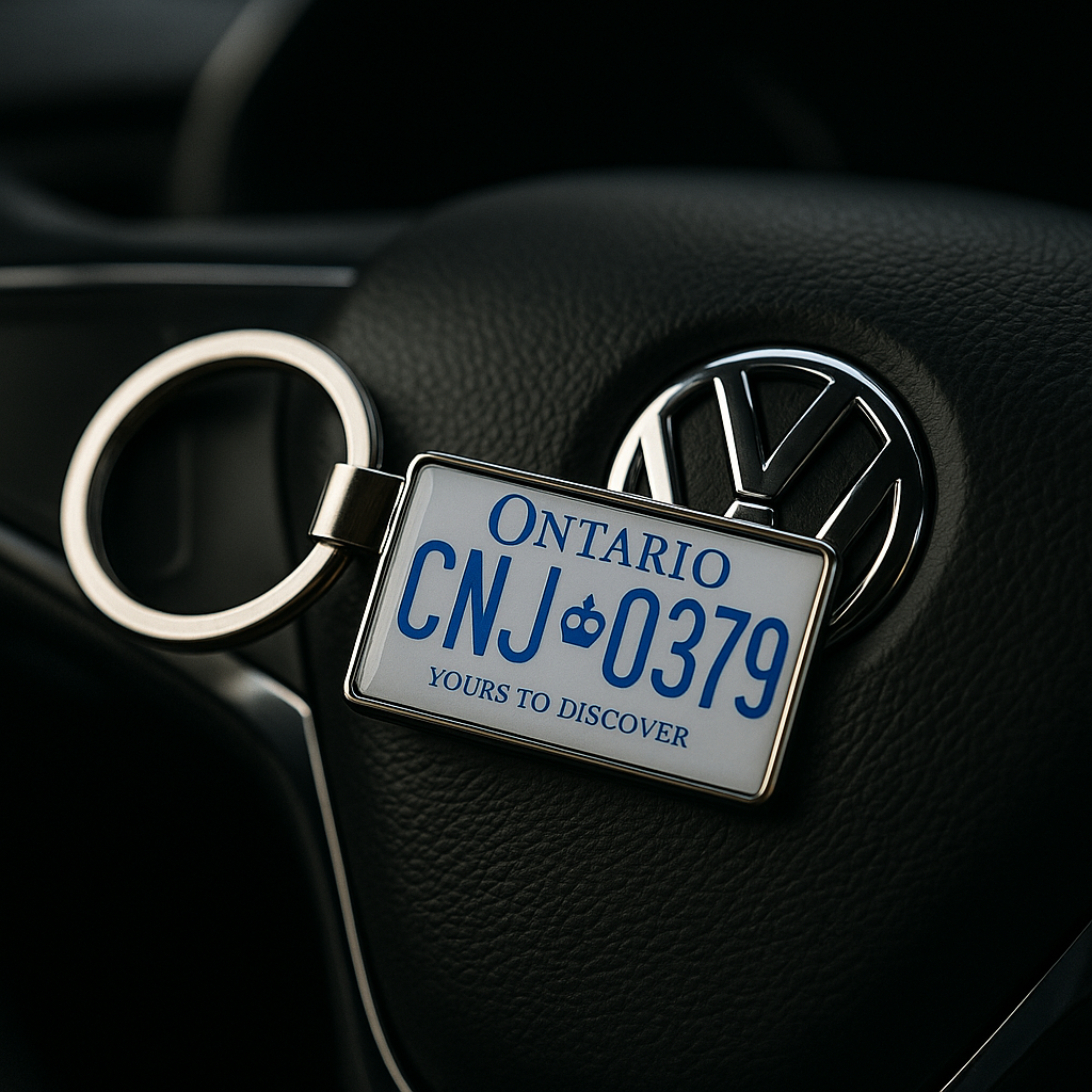 An Ontario license plate keychain with CNJ-0379 and the slogan 'Yours to Discover', resting on a Volkswagen steering wheel. A unique accessory for car enthusiasts and Canadian souvenir lovers. Made by Your iDeas Shop.