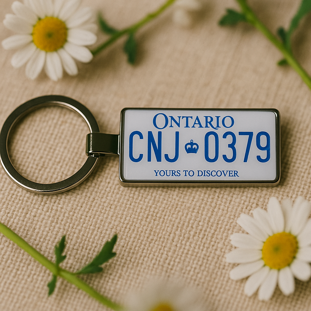A decorative Ontario license plate keychain with CNJ-0379 and the slogan 'Yours to Discover', placed on a beige fabric background surrounded by fresh white daisies. A charming and nature-inspired Canadian souvenir. Made by Your iDeas Shop.