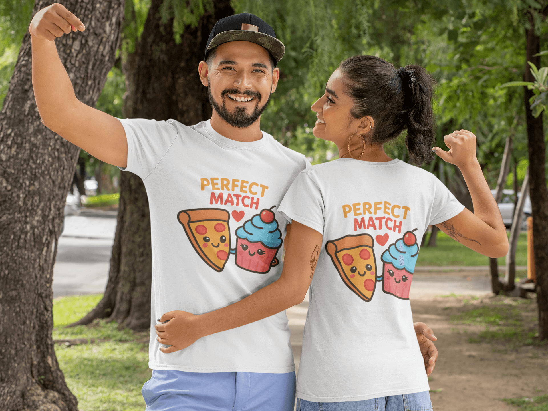 Two people wearing matching 'Perfect Match' t-shirts with pizza and ice cream graphics outdoors.