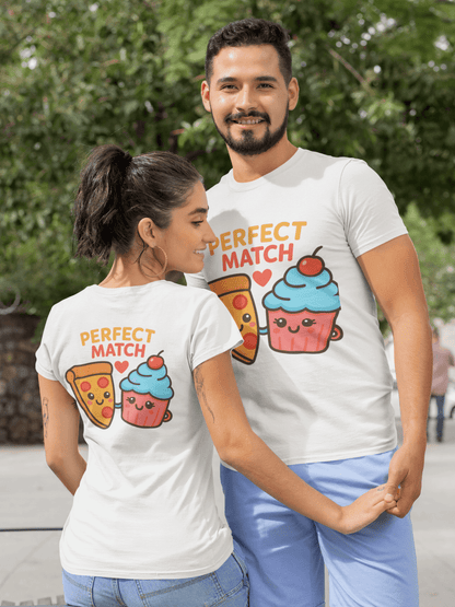 Two people wearing matching 'Perfect Match' t-shirts with cartoon food designs.