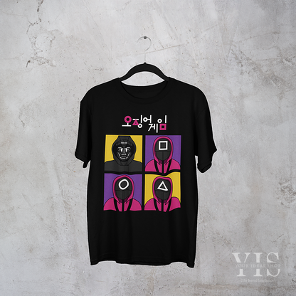 A black T-shirt showcasing a pop-art-style design of guards and a masked leader. The four-panel layout includes purple and yellow backgrounds, adding a colorful and modern touch. The Korean text above completes this eye-catching design. Made by Your iDeas Shop.