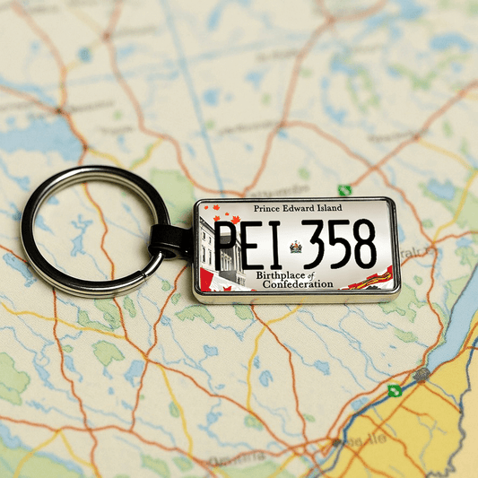 A metal keychain designed like a Prince Edward Island license plate with the inscription 'PEI 358' and the slogan 'Birthplace of Confederation', placed on a colorful map of the region. A great Canadian-themed souvenir celebrating the history and charm of PEI. Made by Your iDeas Shop
