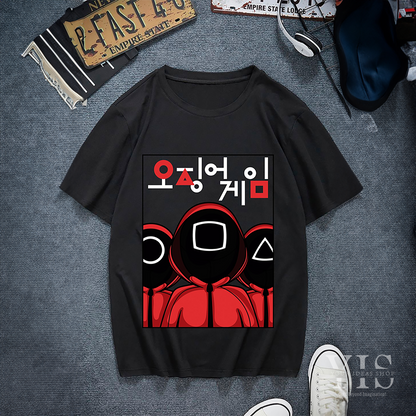 A gray T-shirt showcasing a clean and vibrant illustration of three guards dressed in red uniforms. Each guard has a unique geometric mask, complemented by bold Korean text above the design. A subtle and stylish choice for fans of modern pop culture. Made by Your iDeas Shop.