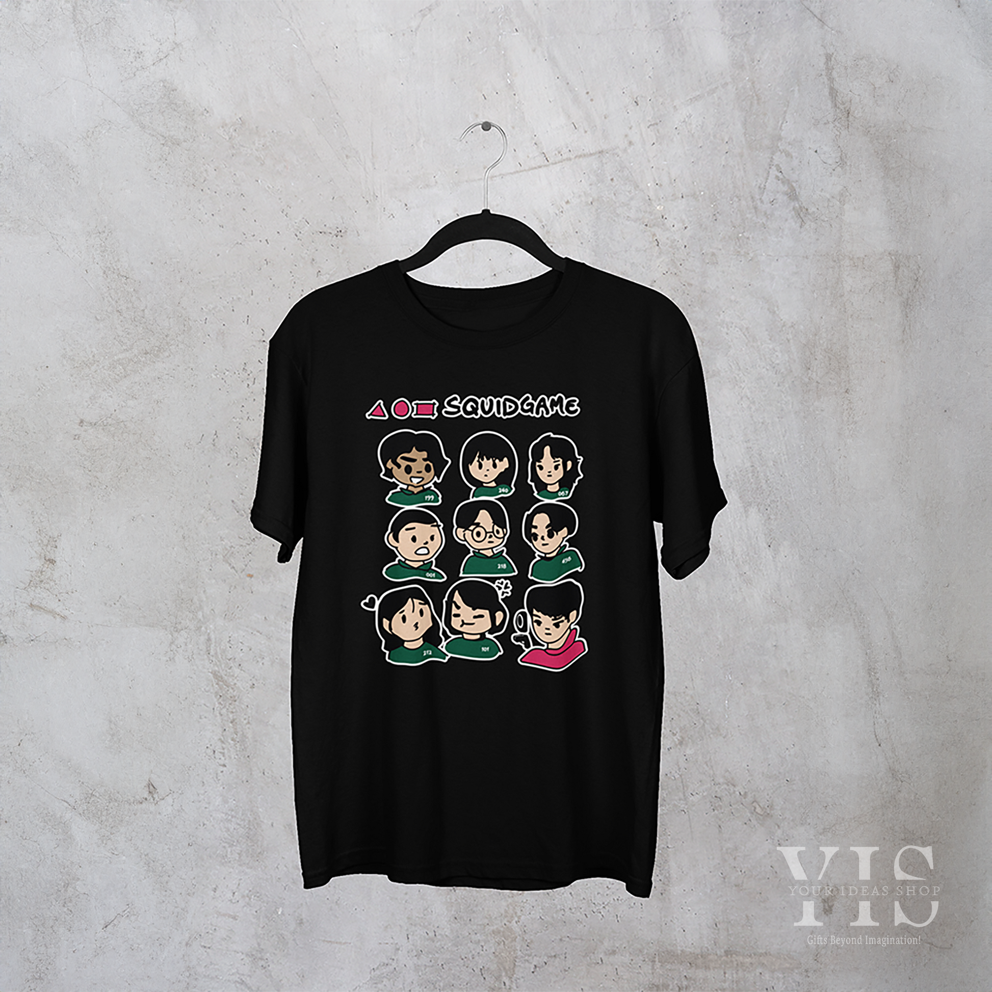 A black T-shirt with a vibrant cartoon graphic showcasing Squid Game characters in a grid format. The design highlights nine character illustrations, completed with iconic shapes and the 'Squid Game' logo. Ideal for pop culture lovers and casual wear. Made by Your iDeas Shop.