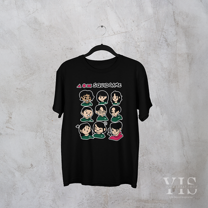 A black T-shirt with a vibrant cartoon graphic showcasing Squid Game characters in a grid format. The design highlights nine character illustrations, completed with iconic shapes and the 'Squid Game' logo. Ideal for pop culture lovers and casual wear. Made by Your iDeas Shop.