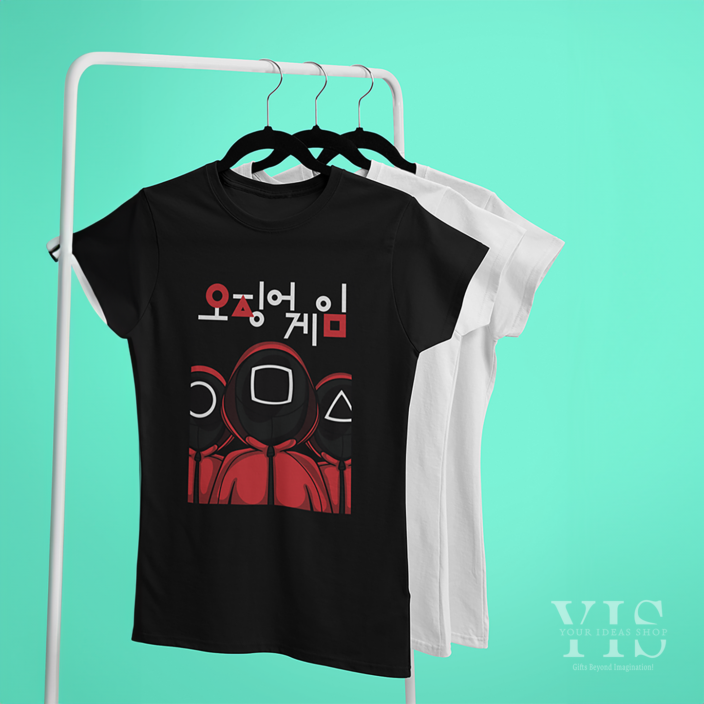 A black T-shirt displayed on a rack, adorned with a minimalist design of red guards with geometric masks. The vibrant Korean text above adds a distinctive flair to this pop culture-inspired design. An ideal gift for fans of unique fashion. Made by Your iDeas Shop