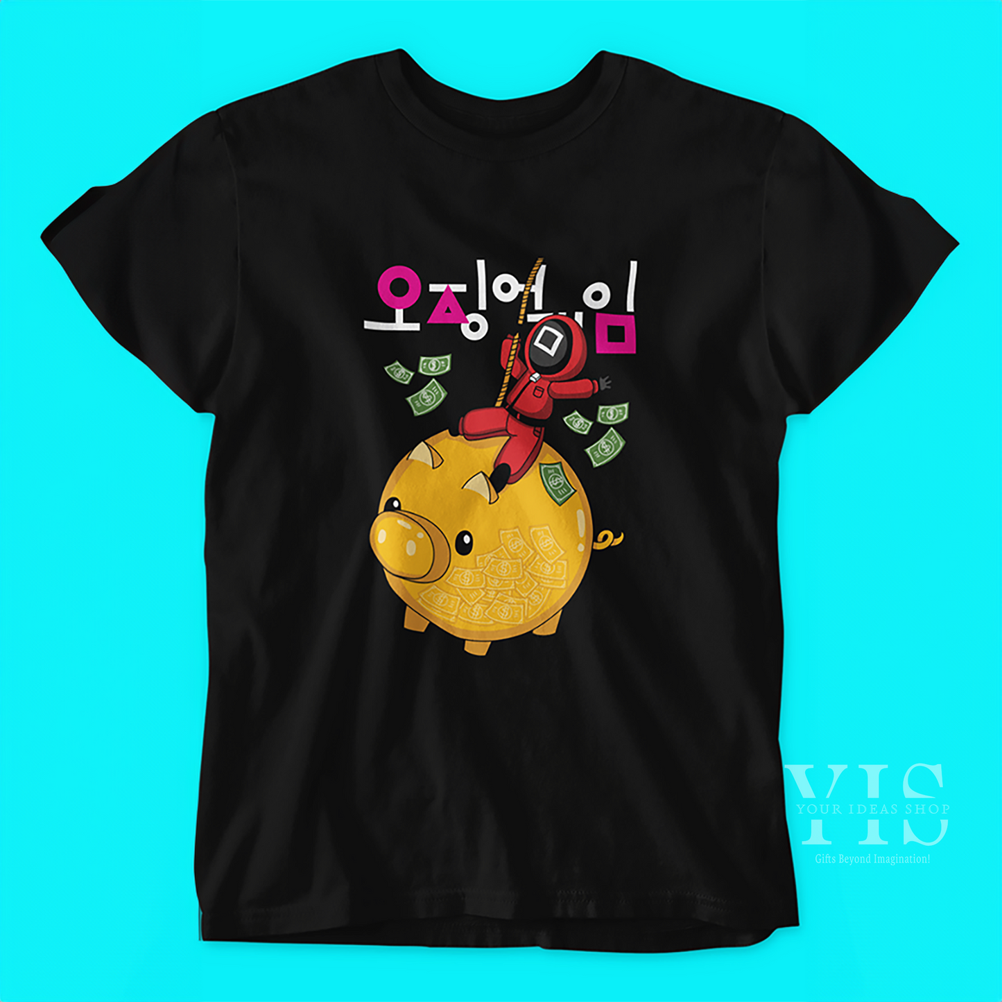 A stylish black T-shirt showcasing a vibrant illustration. The design includes a golden piggy bank brimming with dollar bills and a playful red-suited character holding a rope. Korean text adds a thematic touch. Perfect for casual wear or gifting. Made by Your iDeas Shop