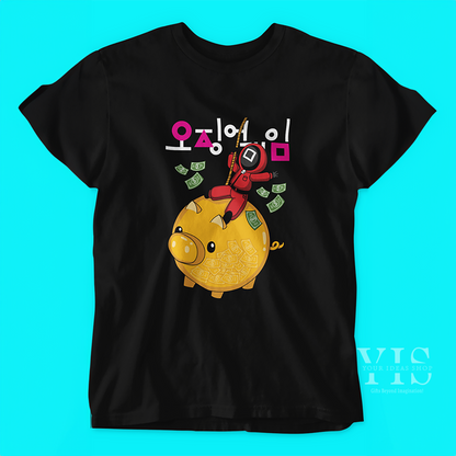 A stylish black T-shirt showcasing a vibrant illustration. The design includes a golden piggy bank brimming with dollar bills and a playful red-suited character holding a rope. Korean text adds a thematic touch. Perfect for casual wear or gifting. Made by Your iDeas Shop