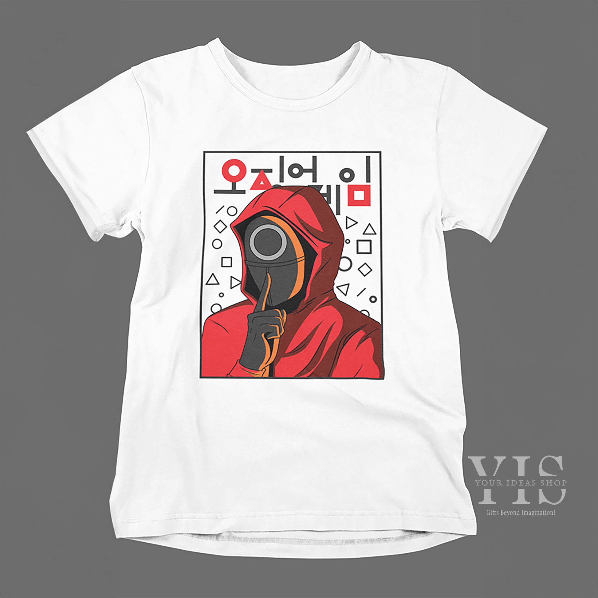 A white T-shirt featuring a graphic of a red-hooded Squid Game character with a circle mask, geometric shapes, and Korean text, displayed on a gray background. A minimalist and trendy design for fans of the series. Made by Your iDeas Shop.