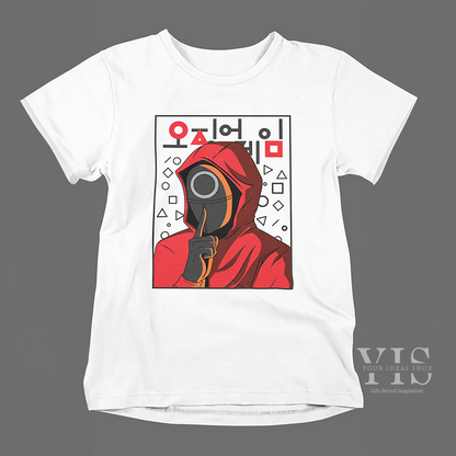 A white T-shirt featuring a graphic of a red-hooded Squid Game character with a circle mask, geometric shapes, and Korean text, displayed on a gray background. A minimalist and trendy design for fans of the series. Made by Your iDeas Shop.