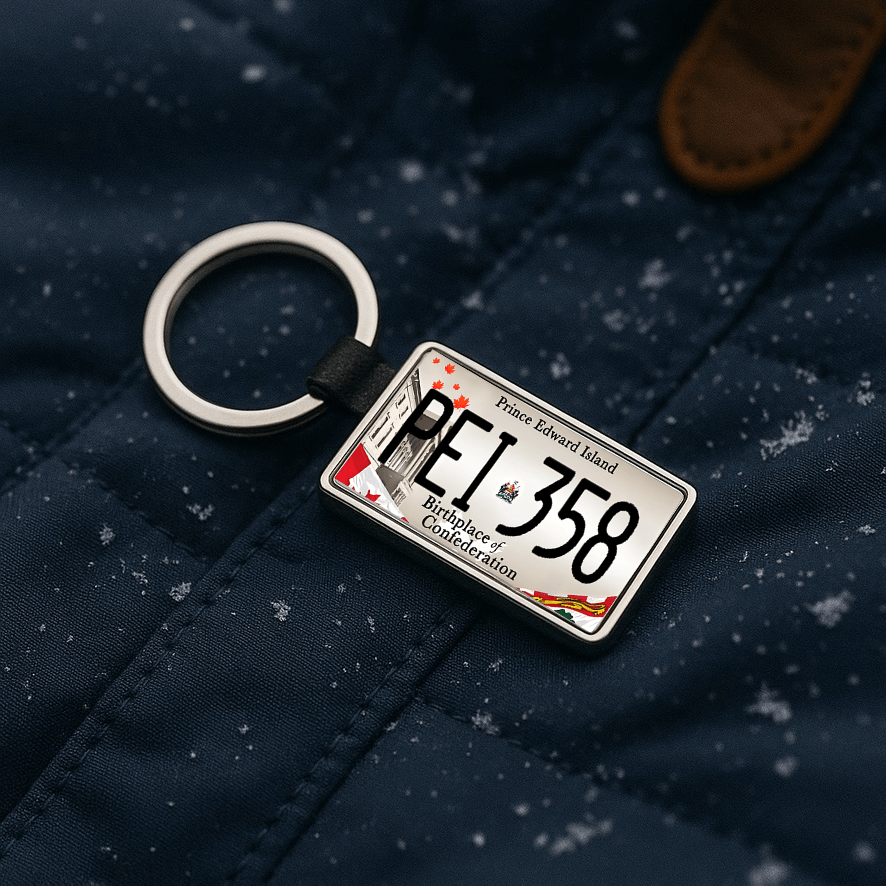 A Prince Edward Island license plate-style keychain reading 'PEI 358' with the inscription 'Birthplace of Confederation', resting on a dark blue winter jacket with snowflakes. A cozy and patriotic accessory ideal for cold-weather adventures or holiday gifts. Made by Your iDeas Shop.