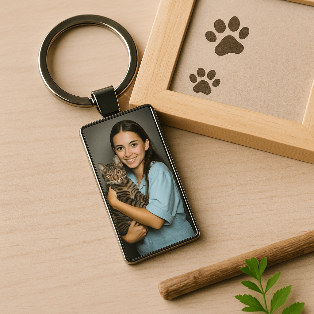 Personalized keychain with sepia photo of a woman holding a tabby cat, surrounded by pet accessories, perfect for cat lovers. Made by Your iDeas Shop.