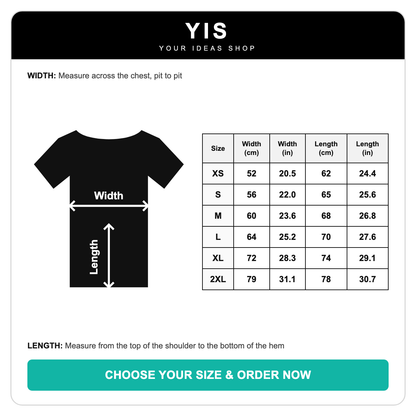 Your iDeas Shop T-shirt size chart - width and length in cm and inches, sizes XS to 2XL