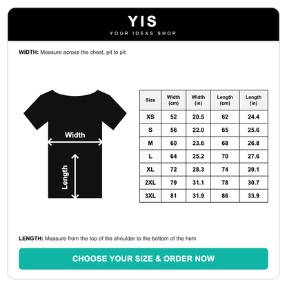 Your iDeas Shop T-shirt size chart — width and length in cm and inches, sizes XS to 3XL