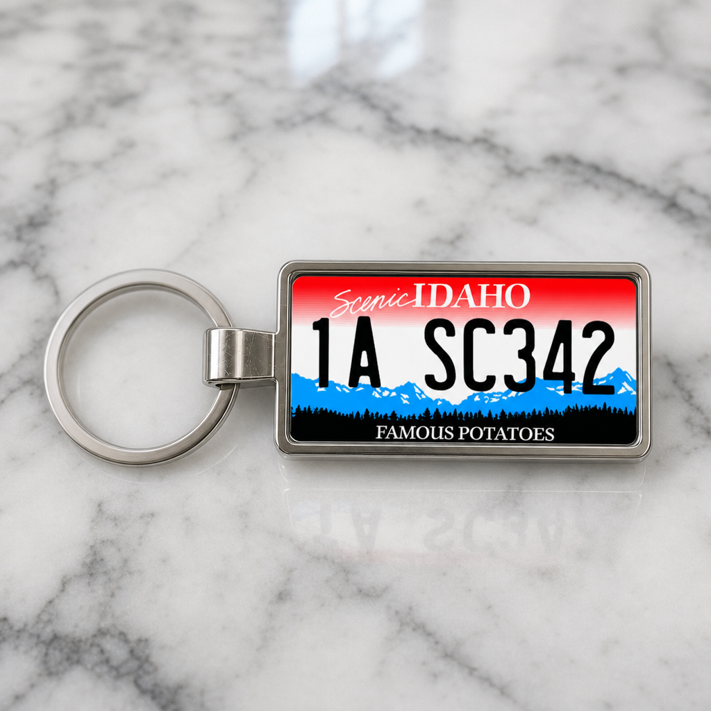Idaho 1A SC342 license plate keychain on_marble