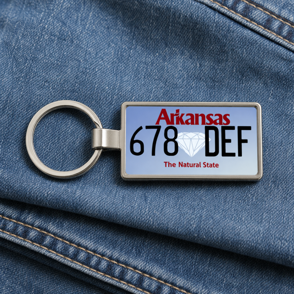 Arkansas 678 DEF license plate keychain on_denim