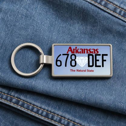 Arkansas 678 DEF license plate keychain on_denim