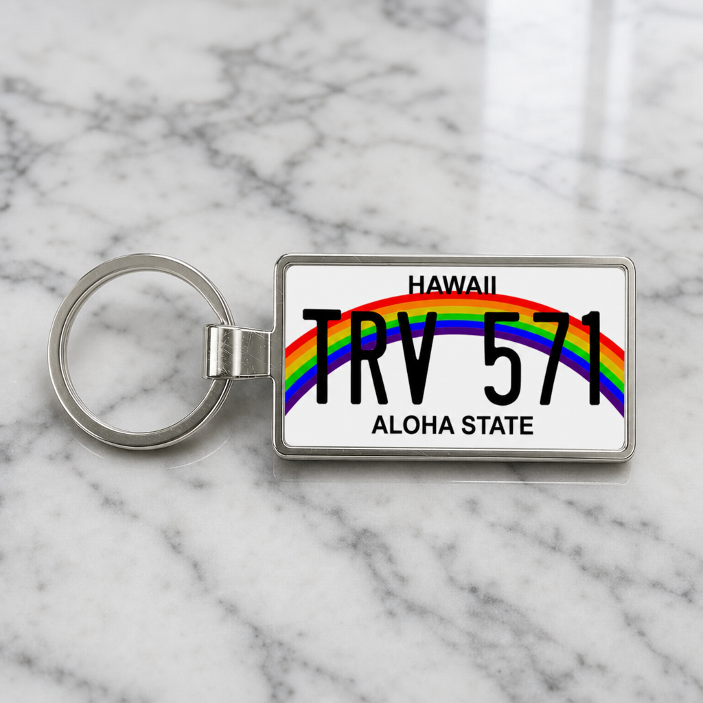 Hawaii TRV 571 license plate keychain on_marble