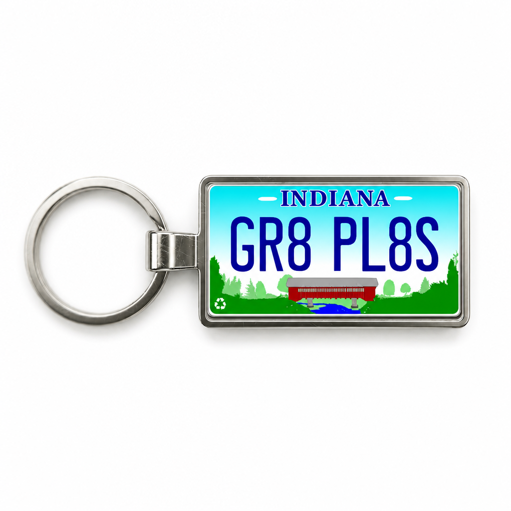 Indiana GR8 PL8S license plate keychain white_bg